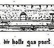 Kostgassentor, H.J. Wiethase 1882 (Ausschnitt aus einem Panoramabild der Stadtmauer)